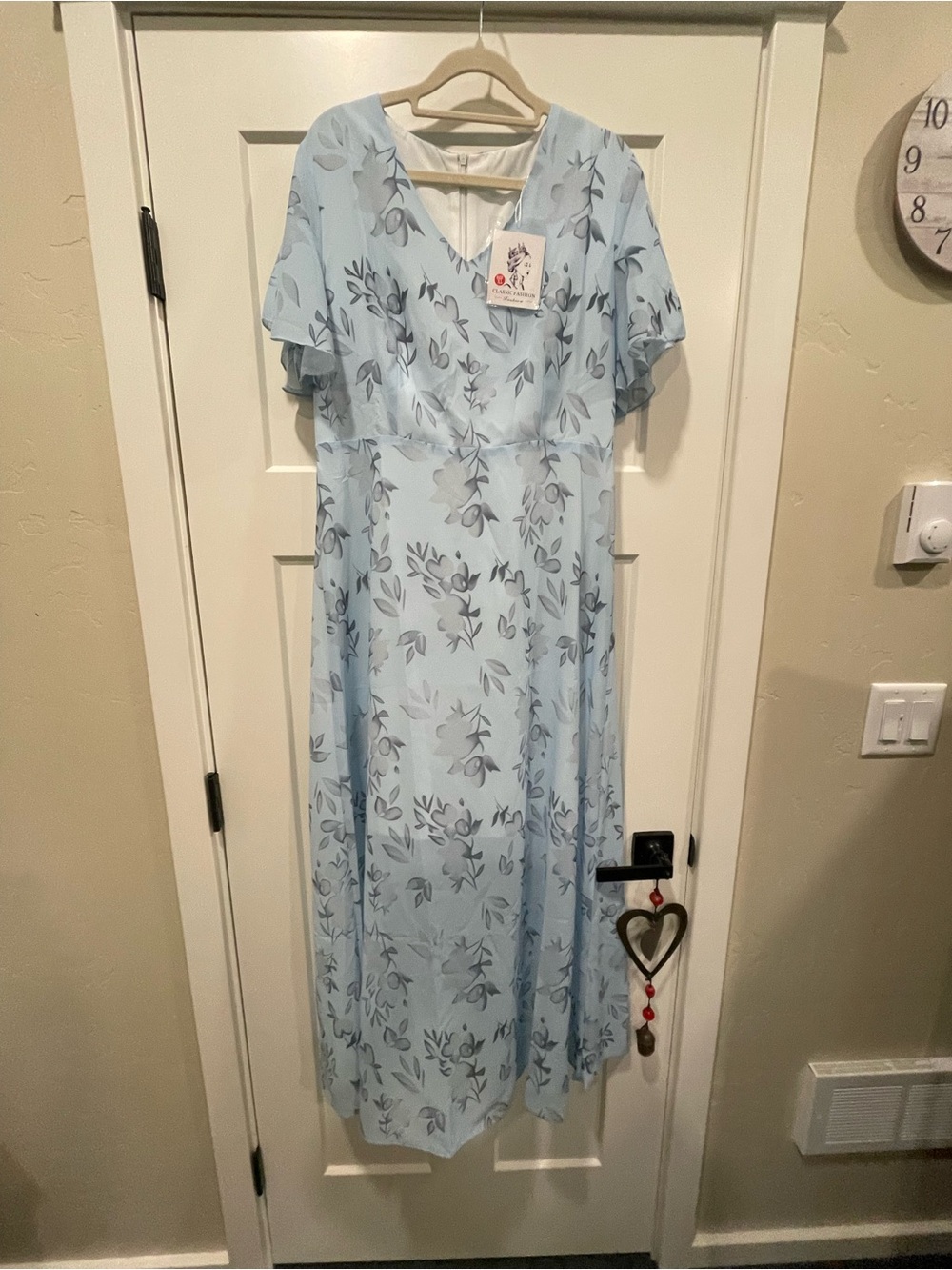 Pale Blue Floral V-Neck Midi Dress